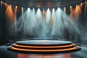 Empty Product Stand Platform Podium Exhibition Background. Spotlights surrounded the stage
