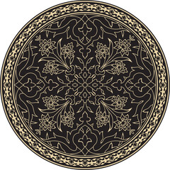 Vector linear contour black and gold round Turkish ornament. Ottoman circle, ring, frame. Muslim pattern for stained glass.