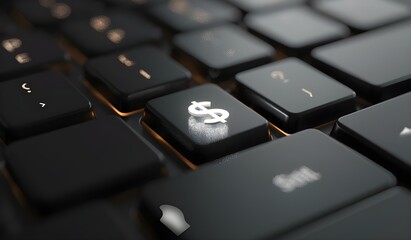 Black keyboard key with white glowing money bag icon and arrow symbol, close-up view on gray background.