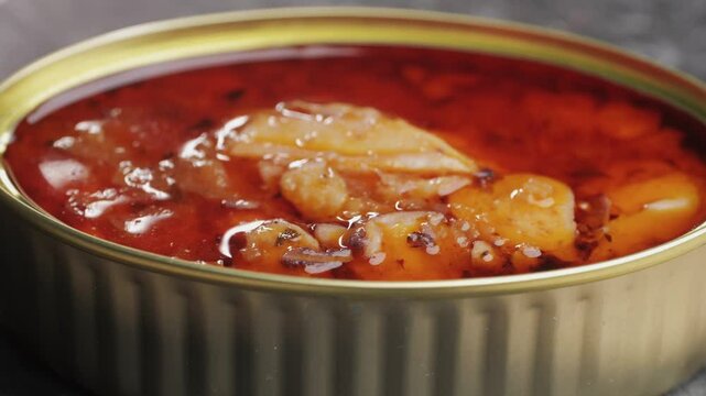 Opening canned octopus squid fish can, man open the canned seafood on the table. Close up on professional kitchen.