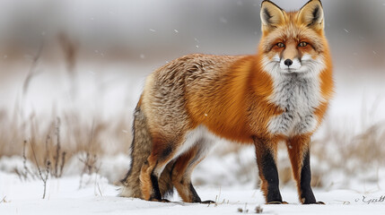 Obraz premium fox in snowing, winter snow, keeping foxes, zoo, eco-park, nature reserve, copy space
