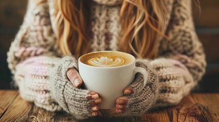Woman wearing knit wool sweater and fingerless gloves holding latte art coffee
