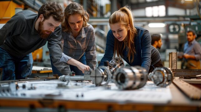 A team of mechanical engineers collaborating on a project to develop a new mechanical system. They are gathered around a large table covered with technical drawings and prototypes. The engineers are