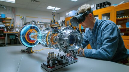 Fototapeta premium Mechanical engineer using augmented reality (AR) glasses to visualize a mechanical system. The AR display shows the inner workings of the machine, allowing the engineer to interact with the virtual