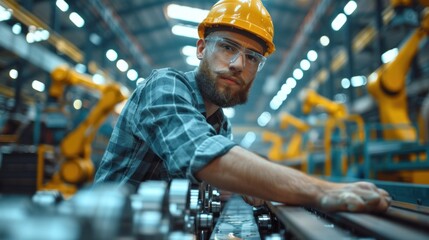 Mechanical engineer working on the assembly line of a manufacturing plant. The engineer is overseeing the production process, ensuring that mechanical components are being assembled correctly. The