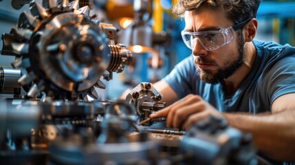Mechanical engineer adjusting a machine in a high-tech workshop. The engineer is using precision tools to fine-tune the machine's settings. The workshop is well-organized and equipped with various