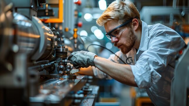 Mechanical engineer working on a CNC machine. The engineer is programming the machine to create precise mechanical components. The workshop environment is filled with various machines and tools,