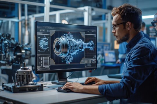 Mechanical engineer developing a new engine design. The engineer is working on a computer, creating 3D models and simulations of the engine. The workspace is filled with reference materials,