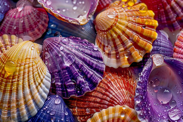 A close up of colorful seashells with water droplets, showcasing the intricate patterns and textures in vibrant hues in the style of nature.