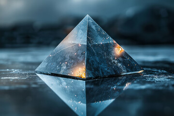 Abstract minimalist image of a metallic pyramid with reflective surfaces, on a black background,