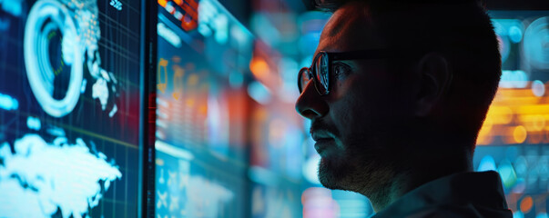 A cybersecurity specialist, a Brazilian male, known for his advanced threat detection skills and implementation of robust security protocols, analyzing data on advanced digital interfaces.