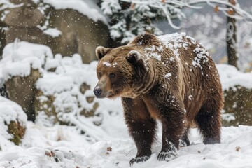 Fototapeta premium Brown bear stands on snowy winter landscape around mountains