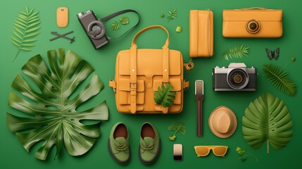 Flat lay composition of travel and fashion accessories including a yellow leather bag, camera, tropical leaves, green shoes, hat, sunglasses, and wristwatch on a green background.