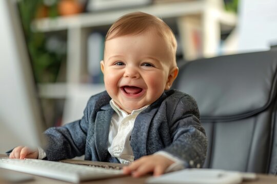 business baby boy in suit working in office joyfully smiling