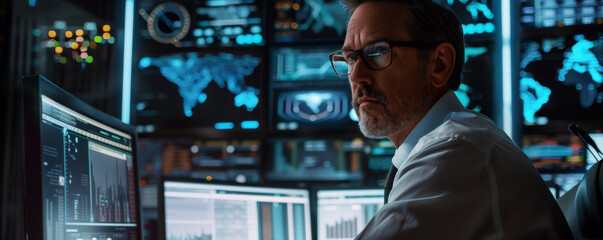 Fototapeta premium A skilled cybersecurity analyst, an American male, specialized in advanced threat detection and robust security protocols, working intently at a computer with multiple screens displaying complex data.