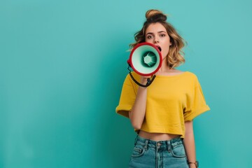 Obraz premium fashion woman shouting through megaphone on color background