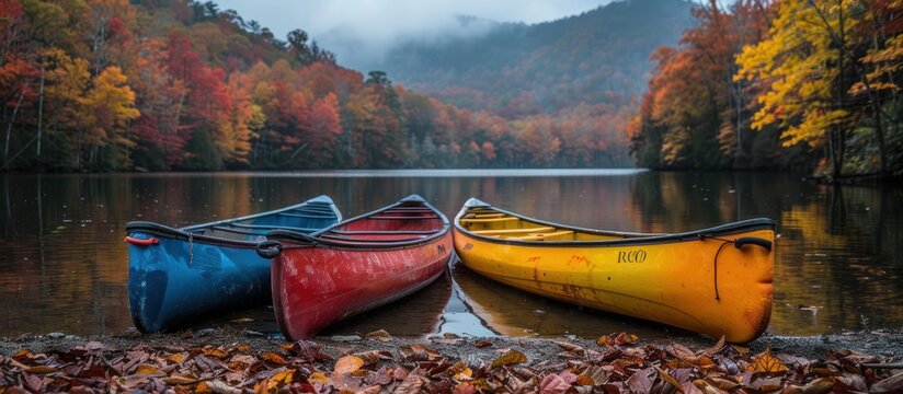 Three Canoes Moored on a Calm Autumn Lake