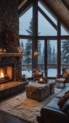 Fototapeta premium Elegant cabin interior bedroom with roaring fireplace and snowy landscape backdrop. Realistic