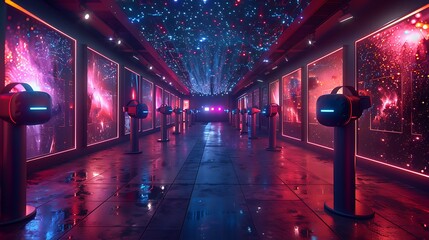 Hightech product launch event flyer showcasing an open area virtual reality expo with headsets featuring a writing space in the center for event information and launch wishes