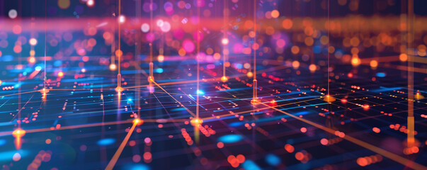 Obraz premium Advanced technology illustration with a square grid, lines connecting various points, and illuminated dots, symbolizing digital interconnectivity.