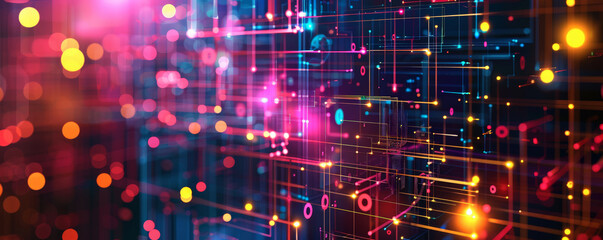 Fototapeta premium A sleek modern tech illustration with a square grid, intersecting lines, and glowing dots, highlighting the complexity of contemporary tech systems.