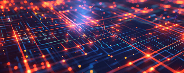 Fototapeta premium Modern tech illustration showcasing a square grid, intersecting lines, and glowing dots, symbolizing the intricate networks of contemporary technology.