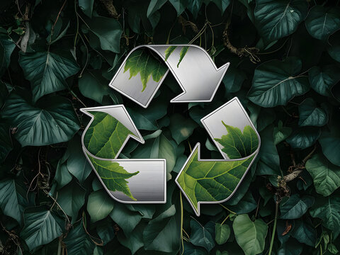 S&iacute;mbolo de reciclaje de residuos con hojas verdes que cubren las flechas ic&oacute;nicas
