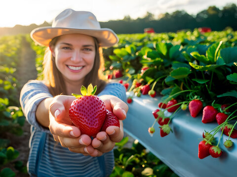 Mujer sosteniendo una fresa madura y regordeta en sus manos de pie en un exuberante campo de fresas
