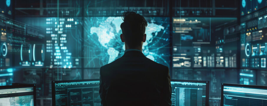 A cybersecurity expert, a British male, adept at advanced threat detection and establishing robust security protocols, surrounded by multiple computer screens displaying encrypted data.