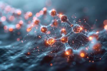 A minimalist design of a radiant helix structure with neon rings and a web of molecular nodes, on a light gray background,