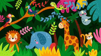Fototapeta premium Jungle childish background. Zoo collage, children safari. Wallpaper drawing vibrant colors. Giraffe, elephant and toucan bird. Lion, monkey and koala. Pattern nature banner. Vector tidy illustration