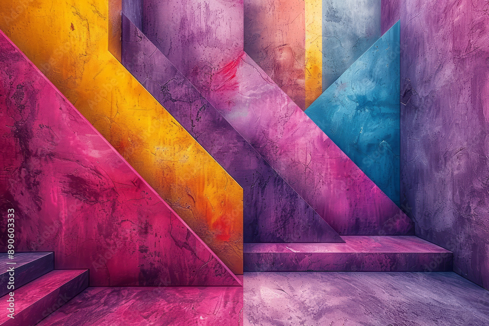 Poster abstract composition of purple and yellow triangular and cubic shapes, creating a dynamic and colorf