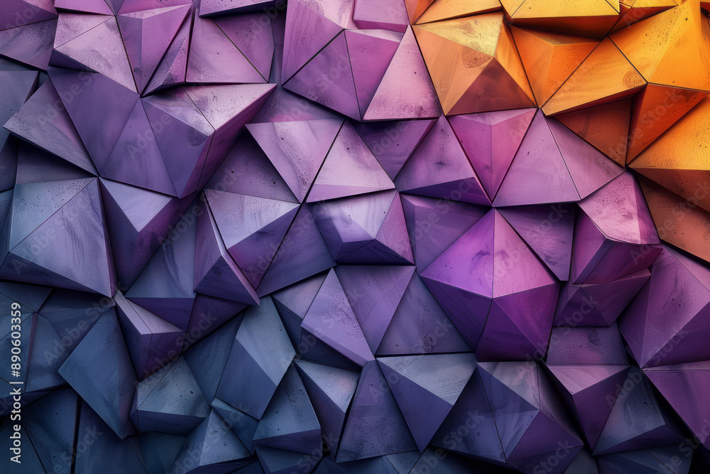 Poster abstract composition of purple and yellow triangular and cubic shapes, creating a dynamic and colorf