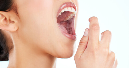 Mouth, spray and studio for fresh breath, cleaning and routine of hygiene with hands, dental and...