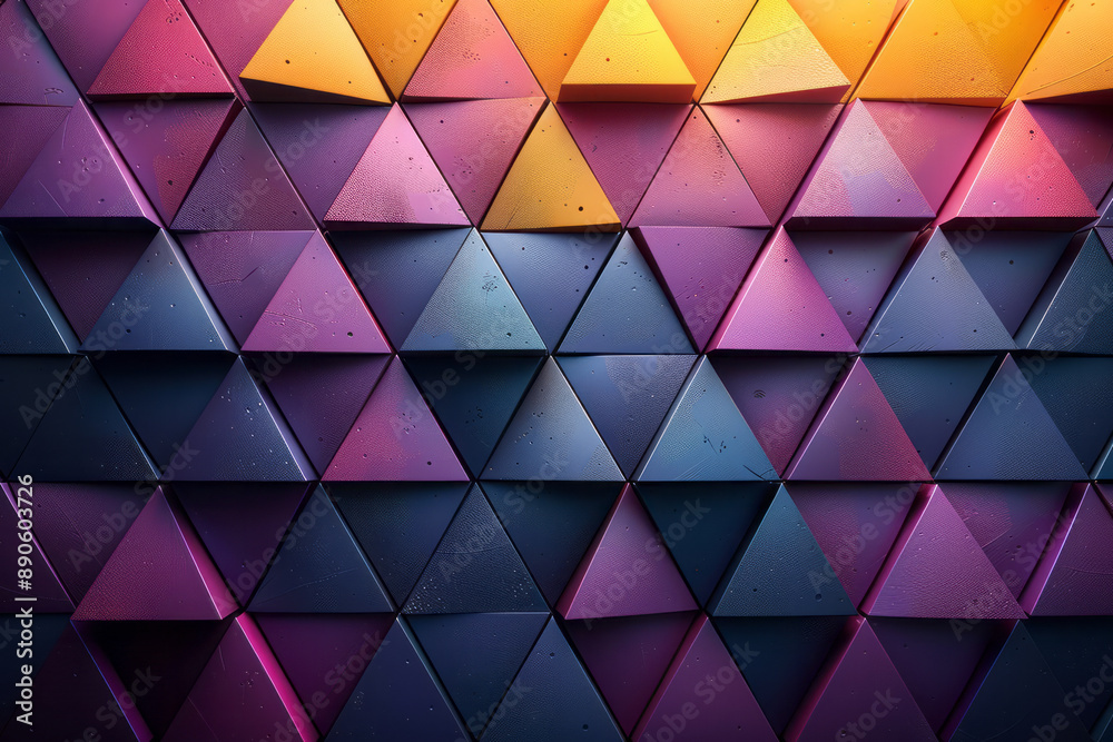 Poster dynamic composition of purple and yellow triangular and cubic shapes, creating a visually striking g