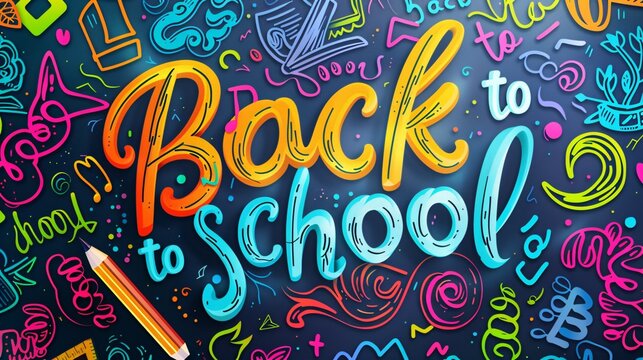 Cheerful and colorful design of the text "Back to school" with a fun background of school-related doodles and bright hues