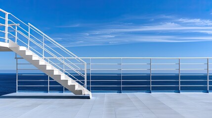 Fototapeta premium A wooden deck with a white railing on a cruise ship overlooks a vast blue ocean with whitecaps and a cloudy sky