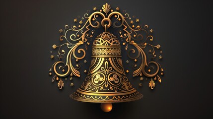 Golden Bell with Floral Ornament on Black Background.