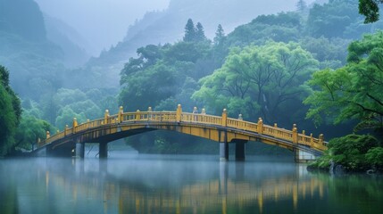 Misty Bridge Over Calm Lake.