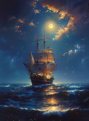 Fototapeta premium ship in the ocean at night 