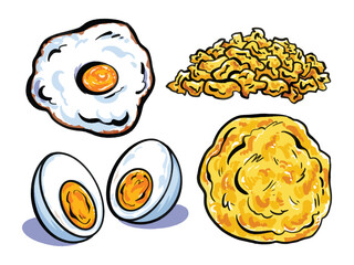 Four ways to cook eggs food illustration isolated on horizontal white background. Flat cartoon art styled drawing.