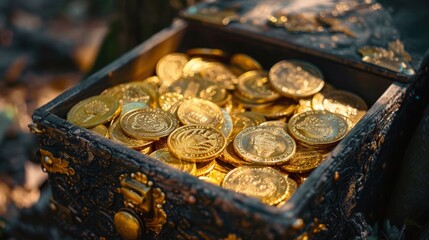 Glittering Riches: Shiny Golden Coins Inside an Antique Treasure Chest