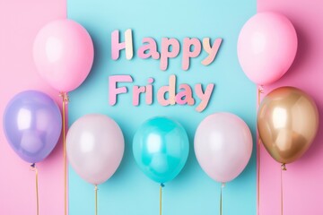 Fototapeta premium Joyful Celebration of Happy Friday with Colorful Balloons on Pink and Blue Background