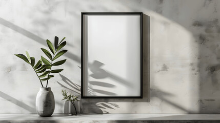 Black frame mockup with blank canvas on a light grey wall, minimalist decor, iso A paper size, framed wall poster template, front perspective