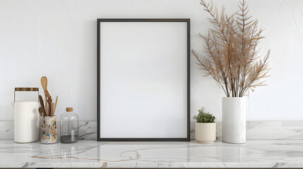Fototapeta premium Black frame mockup with blank canvas on a marble countertop, elegant kitchen, iso A paper size, framed wall poster template, front perspective