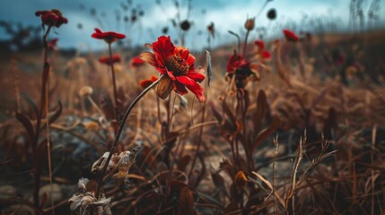 close-up of vibrant red wildflowers surrounded by dry grasses and dead flowers under an overcast sky with dark clouds, autumnal cinematic atmosphere