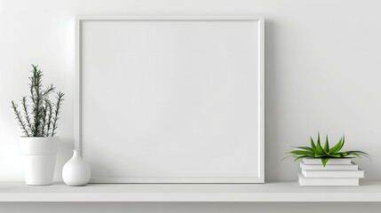 White frame mockup with blank canvas on a white floating shelf, minimalist decor, iso A paper size, framed wall poster template, front perspective
