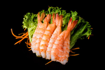 roll with shrimp close-up. Shrimp roll isolated on black background