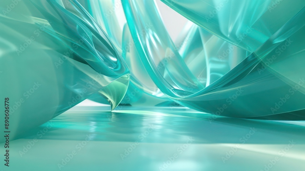 Wall mural a serene 3d abstract background with holographic surfaces displaying tranquil teal and aqua tones, c