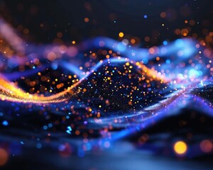 Fototapeta premium Abstract digital wave of glowing particles in vibrant colors, creating a dynamic and futuristic background with neon textures and fluid motion.